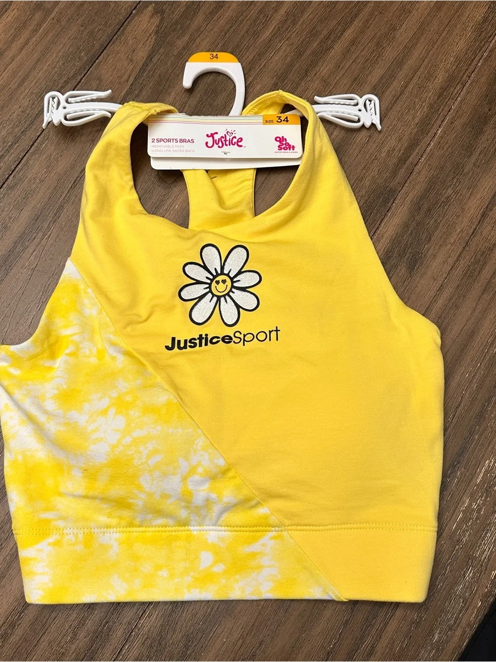 Justice 2-pack Yellow Black Groovy Padded Racerback Sports Bra Girls size 34 New